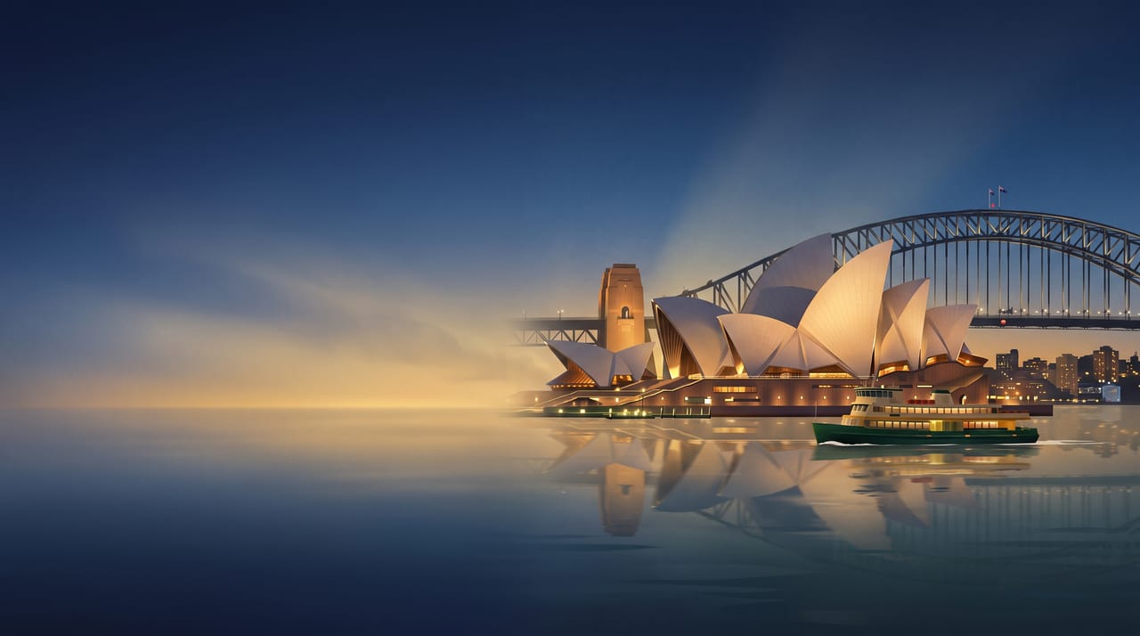 Illustration of the Sydney Opera House and Harbour Bridge at dusk with a harbour ferry, Sydney, Australia